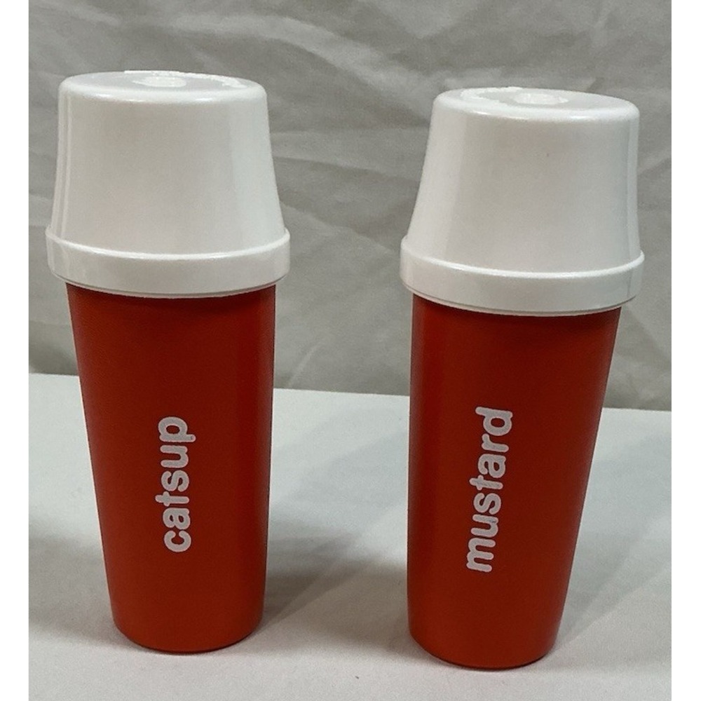 Tupperware Orange Mustard And Catsup Ketchup Dispensers W/Pumps And Lids Vintage